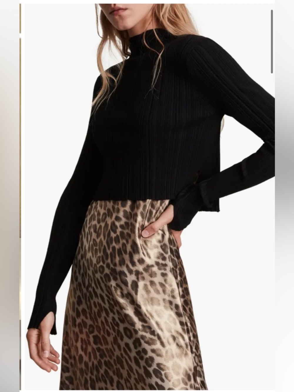 AllSaints Karla Leo Ribbed Crop Sweater Black Mock Neck Long Sleeve Sz L Womens